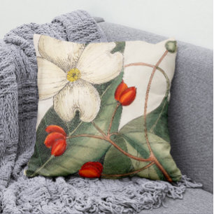 Vintage Dogwood Tree Flower Illustration Throw Pillow
