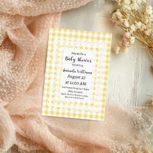 Vintage Doily Yellow Gingham Lace Baby Shower Invitation