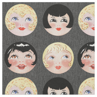 Vintage Doll Faces on Black Denim Background 8x8 Fabric