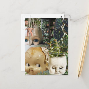 Vintage Doll Head Planters Mixed Media Collage Postcard