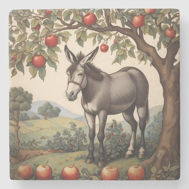 Vintage Donkey Under An Apple Tree Stone Coaster (Front)