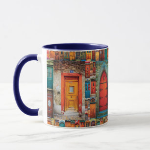 Vintage Door Art Collage Orange Blue Red Mug