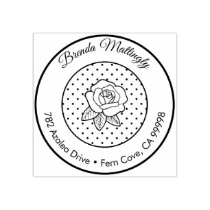Vintage Dots Floral Rose Return Address Cute Round Rubber Stamp