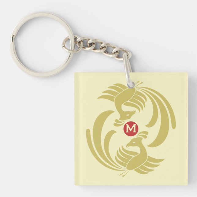 vintage double cranes yellow keychain (Front)