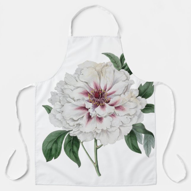 Vintage double white peony botanical apron (Front)