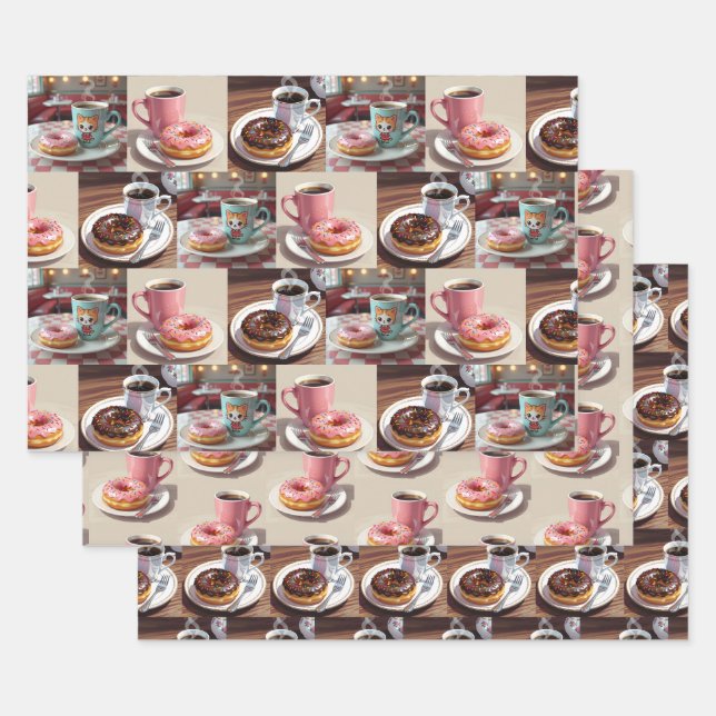 Vintage Doughnuts and Coffee Birthday Wrapping Paper Sheet (Set)