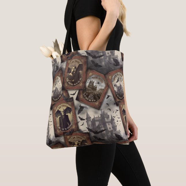 Vintage Dracula Halloween Gothic Vampire Bat Tote Bag (Close Up)