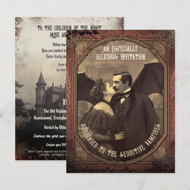 Vintage Dracula Kissing Girl Halloween Invitation (Devant / Derrière)