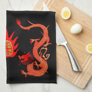 Vintage Dragon Holiday Red and Black Kitchen Towel