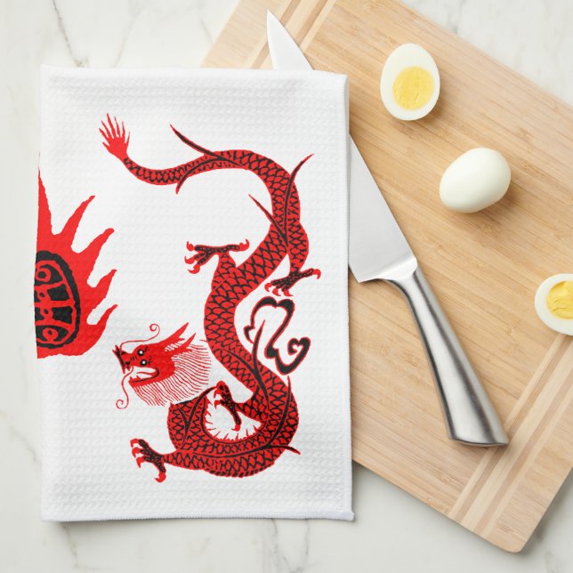 Vintage Dragon Holiday Red and Black Kitchen Towel (Quarter Fold)