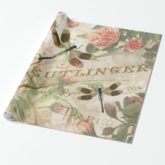 Vintage Dragonflies and Roses Decoupage Wrapping P Paper (Unrolled)