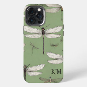 Vintage Dragonflies on Sage Green Monogram iPhone 13 Pro Max Case