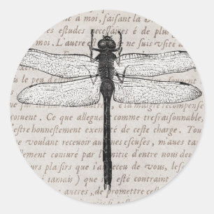 Vintage Dragonfly and Antique Text Collage Classic Round Sticker
