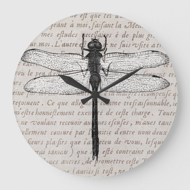 Vintage Dragonfly and Antique Text Collage Large Clock (Front)