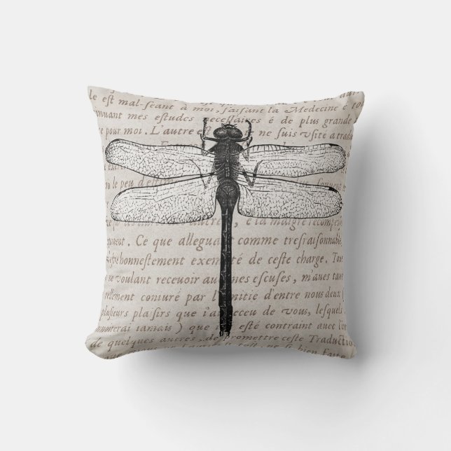 Vintage Dragonfly and Antique Text Collage Throw Pillow (Front)
