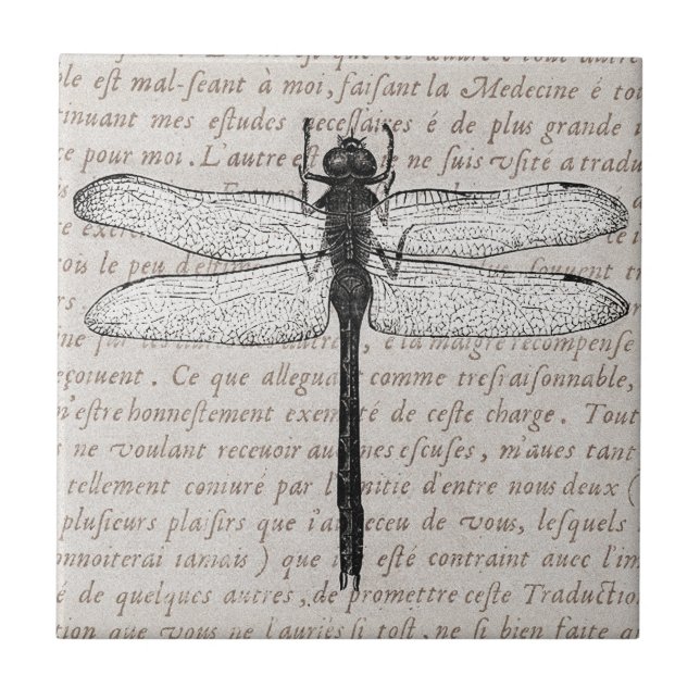 Vintage Dragonfly and Antique Text Collage Tile (Front)