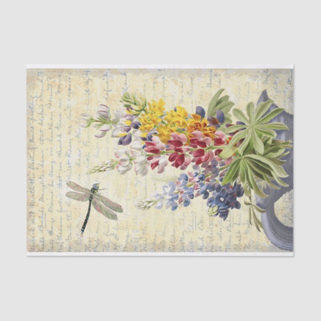 Vintage Dragonfly and Flower Bouquet Decoupage Tissue Paper (Front)