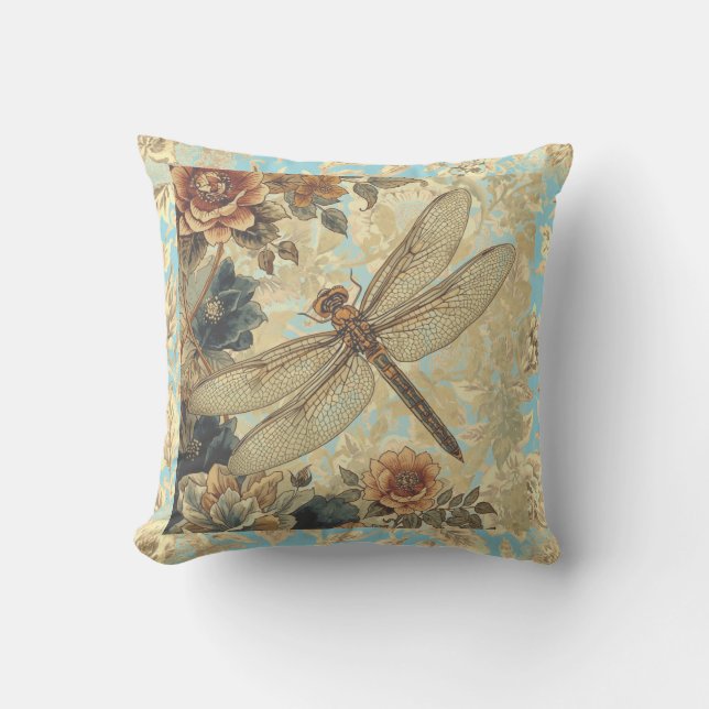 Vintage Dragonfly and Flowers Garden Pattern Throw Pillow (Front)
