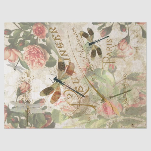 Vintage Dragonfly and Roses Decoupage Tissue Paper (Front)