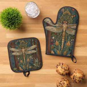 Vintage dragonfly design romantic boho botanical oven mitt & pot holder set