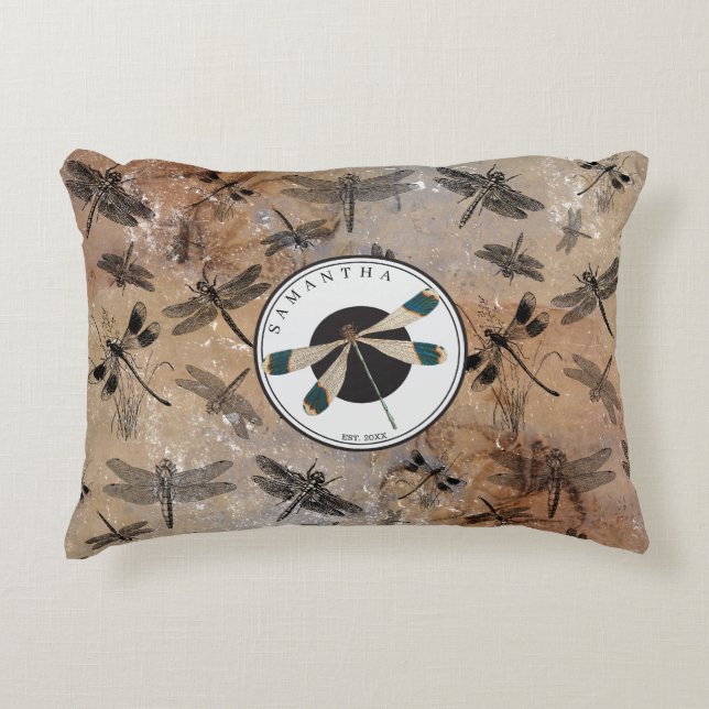 Vintage Dragonfly Distressed Entomology Monogram Accent Pillow (Front)
