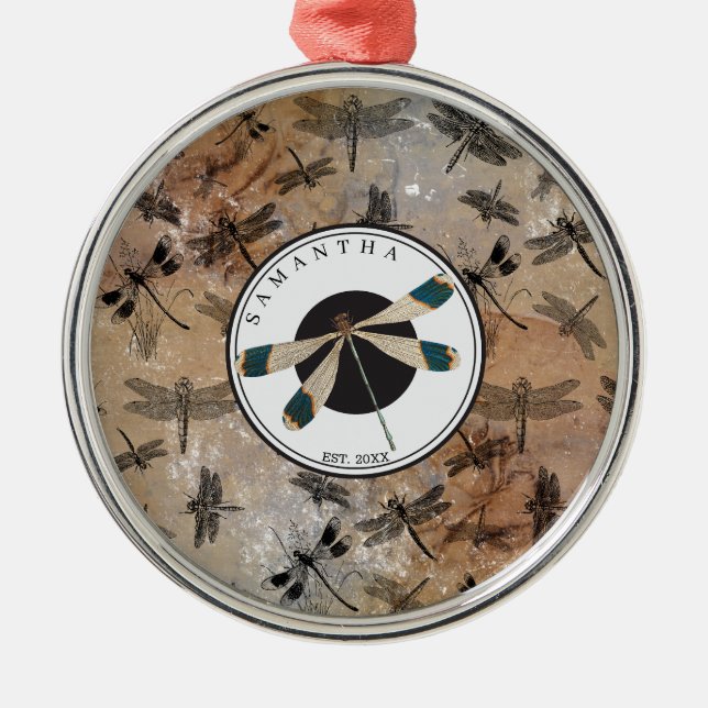 Vintage Dragonfly Distressed Entomology Monogram Metal Ornament (Front)