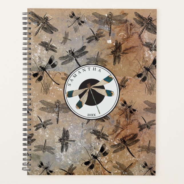 Vintage Dragonfly Distressed Entomology Monogram  Planner (Front)