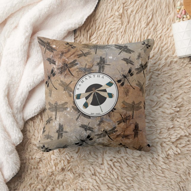 Vintage Dragonfly Distressed Entomology Monogram Throw Pillow (Blanket)