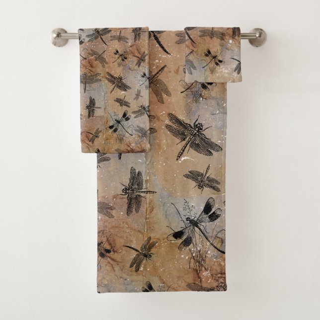 Vintage Dragonfly Distressed Entomology Pattern  Bath Towel Set (Insitu)