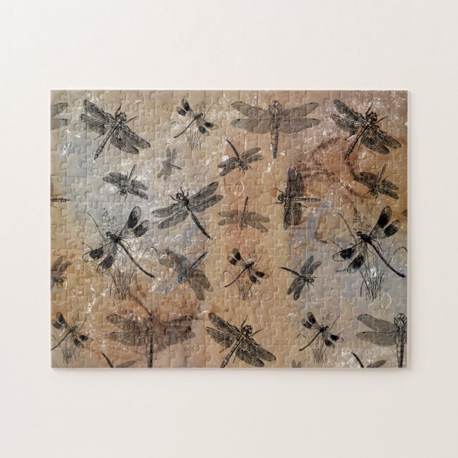 Vintage Dragonfly Distressed Entomology Pattern Jigsaw Puzzle (Horizontal)