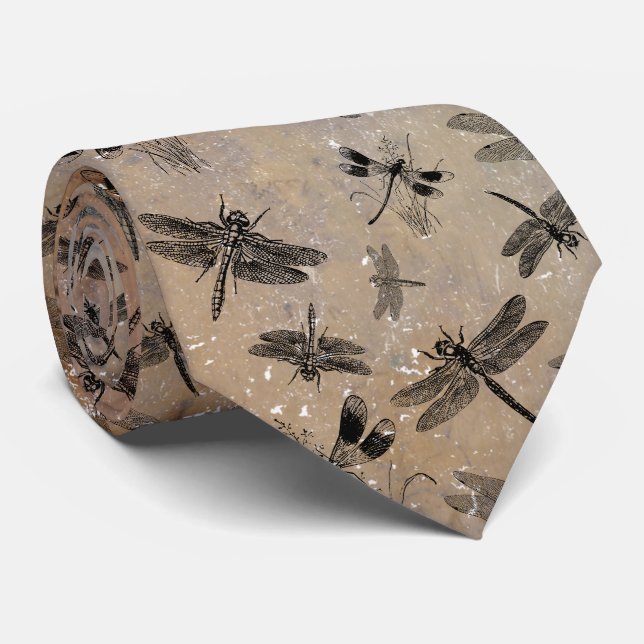 Vintage Dragonfly Distressed Entomology Pattern Tie (Rolled)