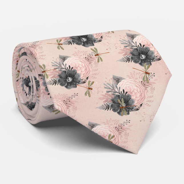 Vintage Dragonfly Floral Neck Tie (Rolled)