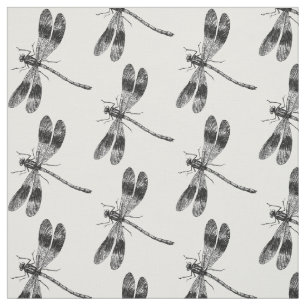 Vintage Dragonfly Illustration Black and White Fabric