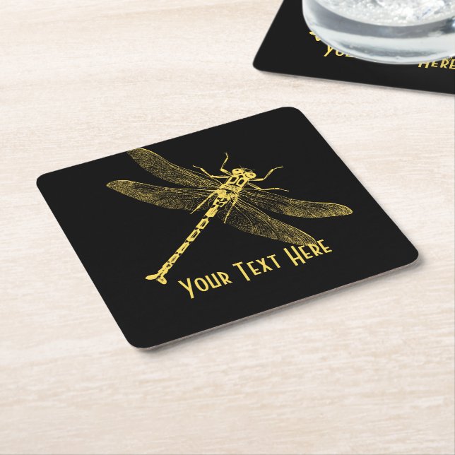 Vintage Dragonfly Illustration II Personalized Square Paper Coaster (Angled)