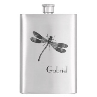 Vintage Dragonfly Illustration with Monogram Hip Flask