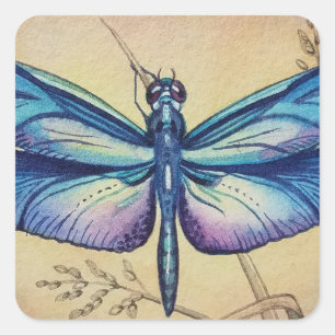 Vintage Dragonfly No. 6 and Grass Watercolor Art Square Sticker