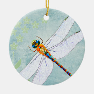 Vintage Dragonfly on Faded Floral Background Ceramic Ornament