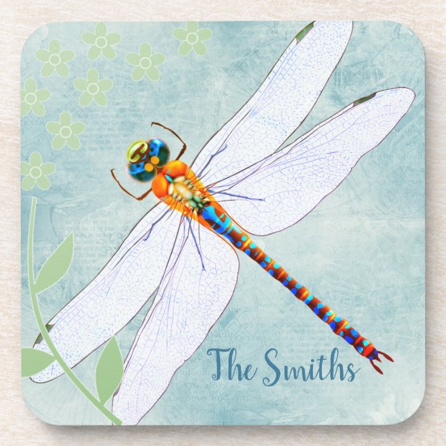 Vintage Dragonfly on Faded Floral Background Coaster (Front)