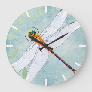Vintage Dragonfly on Faded Floral Background Large Clock