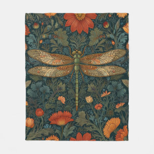 Vintage dragonfly orange floral greenery boho chic fleece blanket