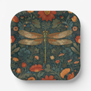 Vintage dragonfly orange floral greenery boho chic paper plate