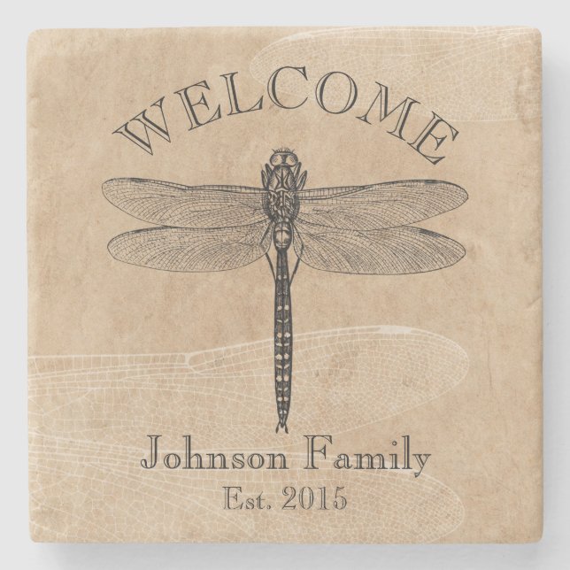 Vintage Dragonfly Welcome Signature Stone Coaster (Front)