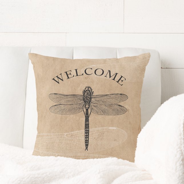 Vintage Dragonfly Welcome Throw Pillow (Creator Uploaded)