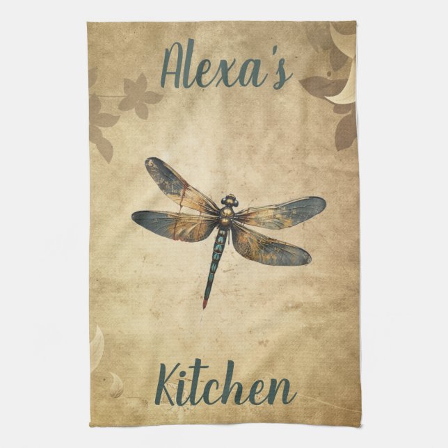 Vintage Dragonfly with Custom Name/Monogram Kitchen Towel (Vertical)
