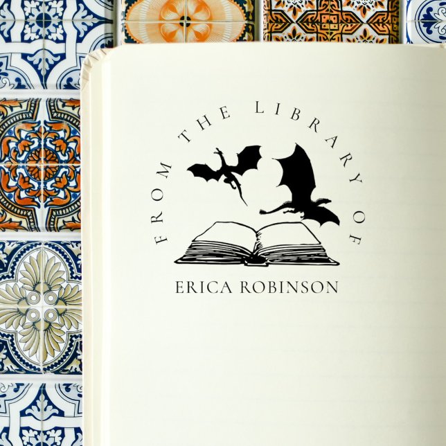 Vintage Dragons Book Custom Name Library Rubber Stamp (Creator Uploaded)