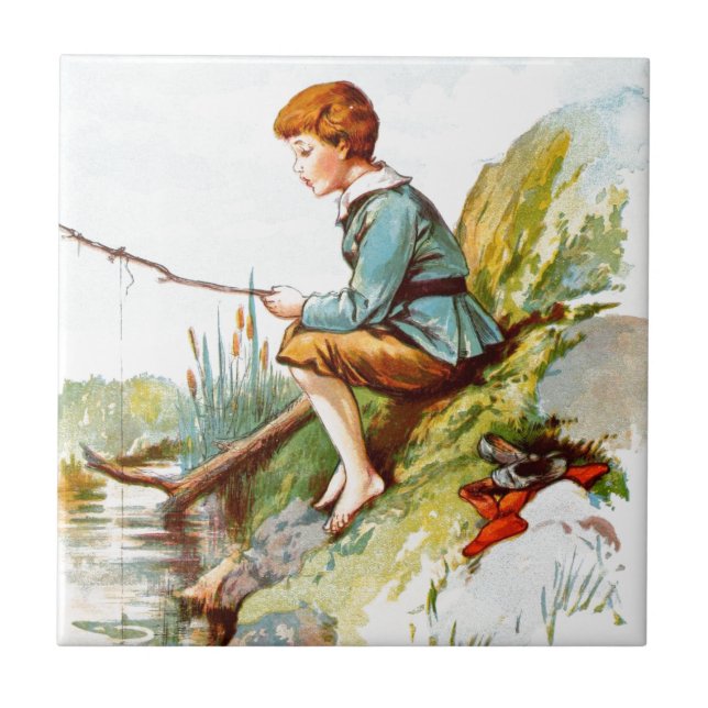 Vintage Drawing: Boy Fishing in a River Tile (Front)