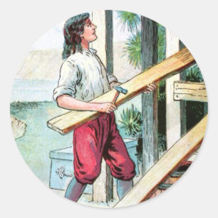 Vintage Drawing: Building a Cabin Classic Round Sticker