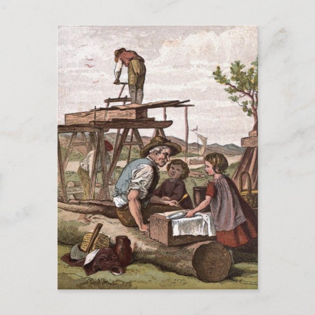 Vintage Drawing: Construction Workers Postcard (Front)