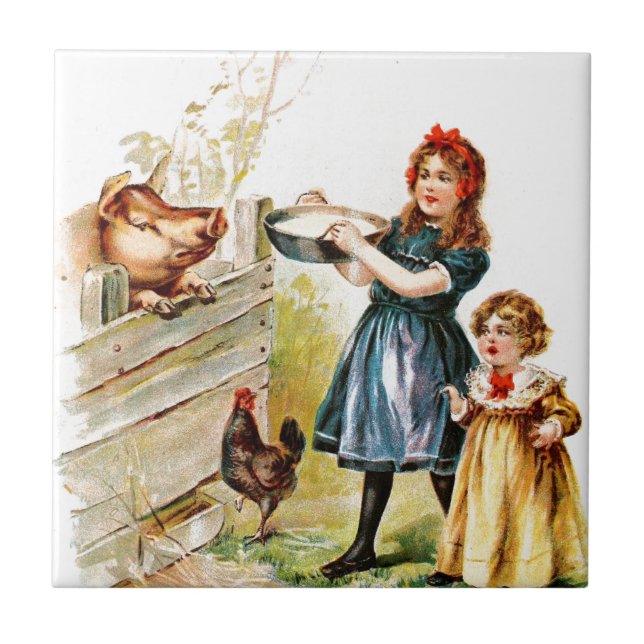 Vintage Drawing: Feeding the Pig Tile (Front)