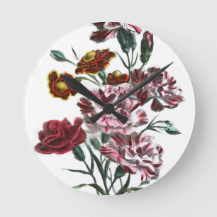 Vintage Drawing: Flemish Pink Flowers Round Clock